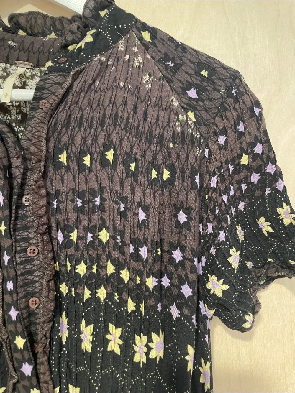 Free People Rare Feelings Brown Maxi Dress with Purple and Cream Floral Pattern